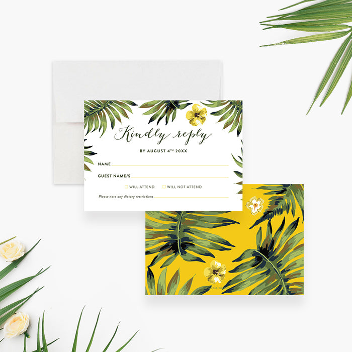 Tropical Spa Birthday Party Invitation Card, Luau Birthday Invites, Hawaiian Party Invitation, Aloha Birthday Invitation with Monstera Leaves and Yellow Hibiscus Flowers