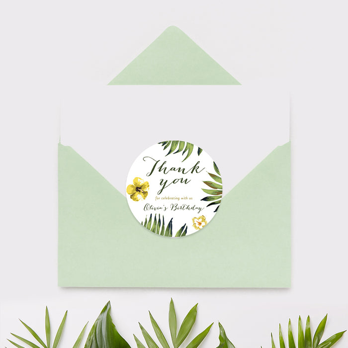 Tropical Spa Birthday Party Invitation Card, Luau Birthday Invites, Hawaiian Party Invitation, Aloha Birthday Invitation with Monstera Leaves and Yellow Hibiscus Flowers