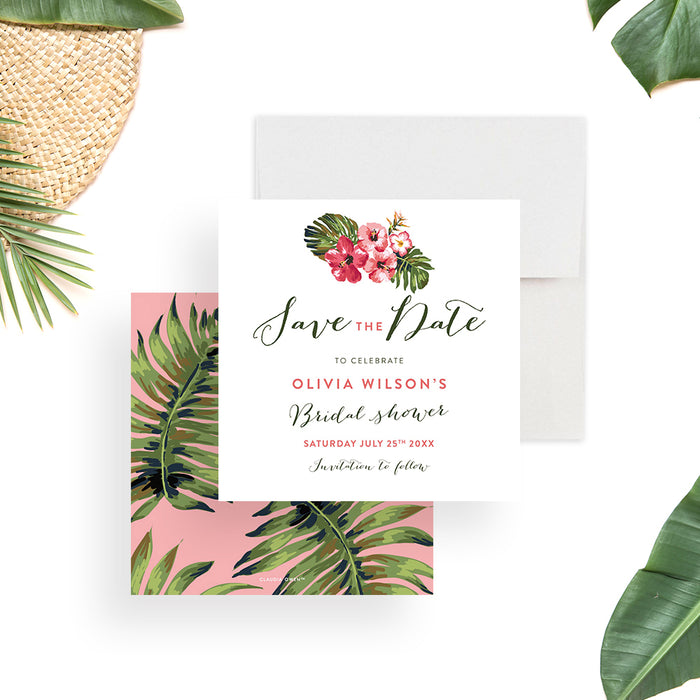 Tropical Save the Date Card for Bridal Shower, Save the Date for Hawaiian Celebration, Summer Bachelorette Save the Date with Monstera Leaves and Hibiscus Flowers