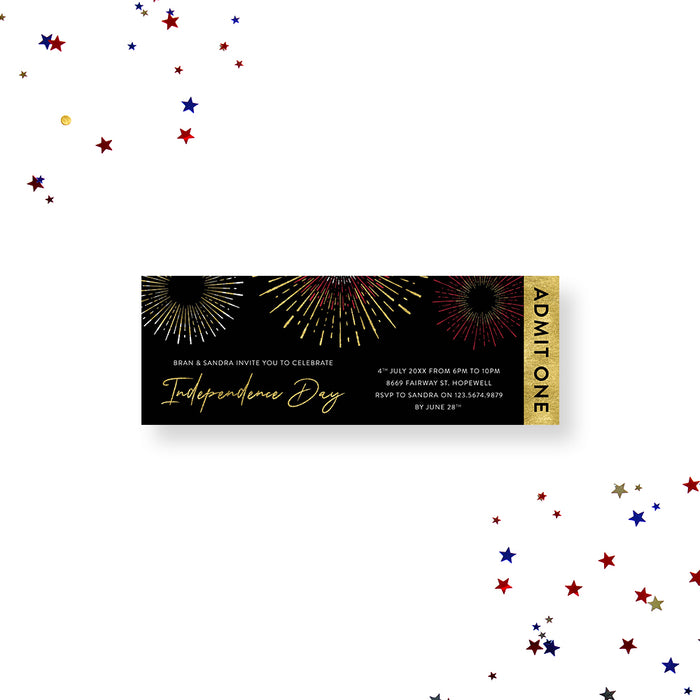 Fireworks Ticket Invitation for Independence Day Celebration, Labor Day Ticket Invites, Ticket Card for Memorial Day, 4th of July Tickets
