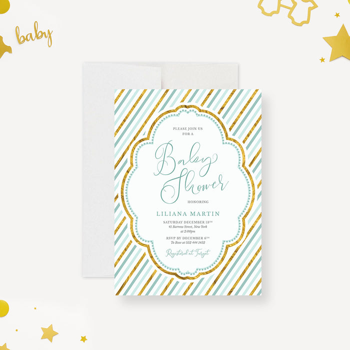 Blue and Gold Invitation Card for Baby Boy Shower, Newborn Baby Celebration Invites, Baby Welcome Party Invitation Card