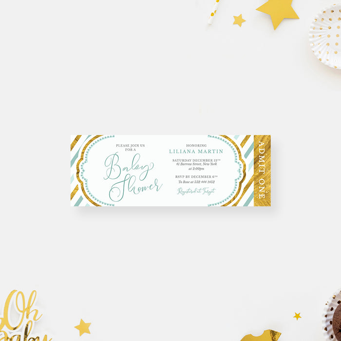 Baby Shower Ticket Invitation Card in Blue and Gold Design, Baby Boy Shower Ticket Card, Newborn Baby Ticket Invites, Baby Welcome Party Ticket Pass
