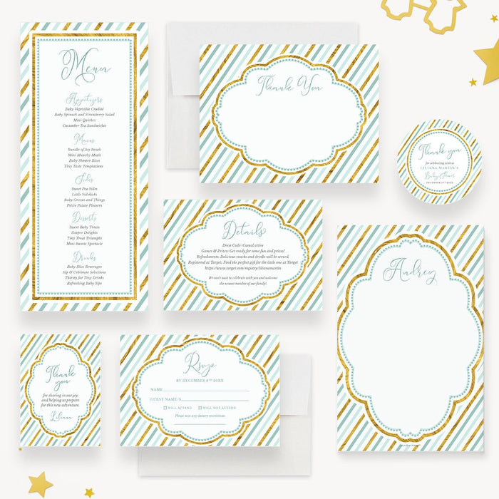 Blue and Gold Invitation Card for Baby Boy Shower, Newborn Baby Celebration Invites, Baby Welcome Party Invitation Card