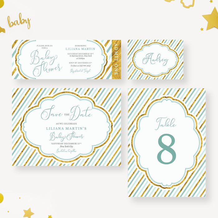 Blue and Gold Invitation Card for Baby Boy Shower, Newborn Baby Celebration Invites, Baby Welcome Party Invitation Card