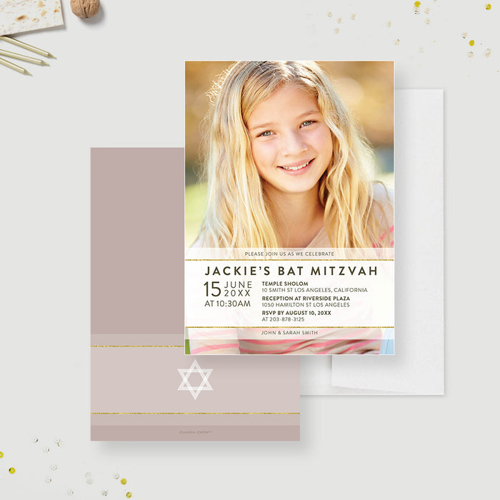 Jewish Invitation Card for Bat Mitzvah Celebration, Star of David Invite Cards Personalized with Your Own Photo, Modern Jewish Party Invitations