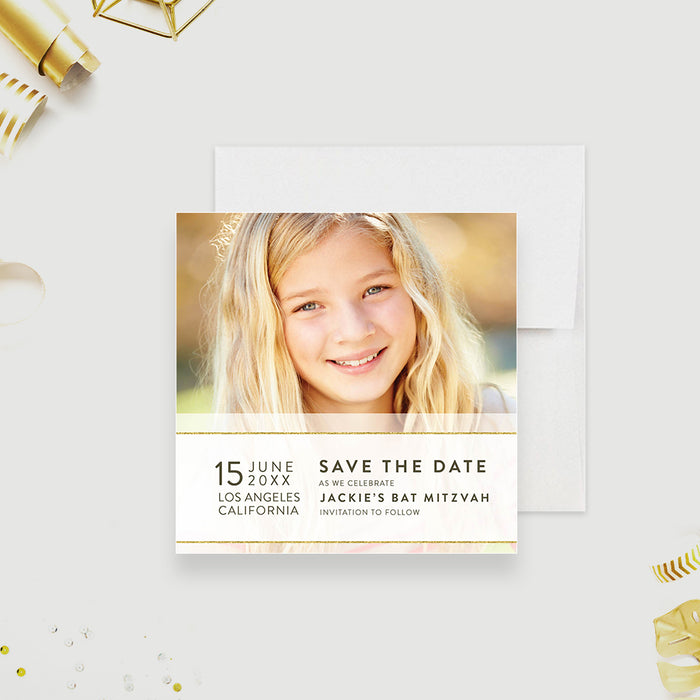 Printed Save the Date for Bat Mitzvah Celebration with Photo, Jewish Religious Party Save the Date Cards, Girls Bat Mitzvah Save the Date Card with Your Own Picture