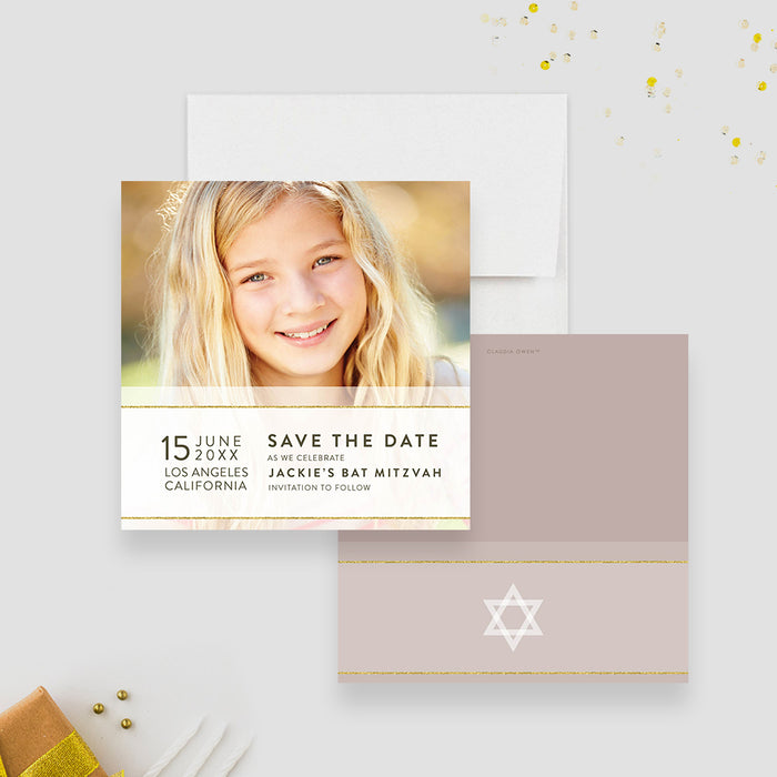 Printed Save the Date for Bat Mitzvah Celebration with Photo, Jewish Religious Party Save the Date Cards, Girls Bat Mitzvah Save the Date Card with Your Own Picture