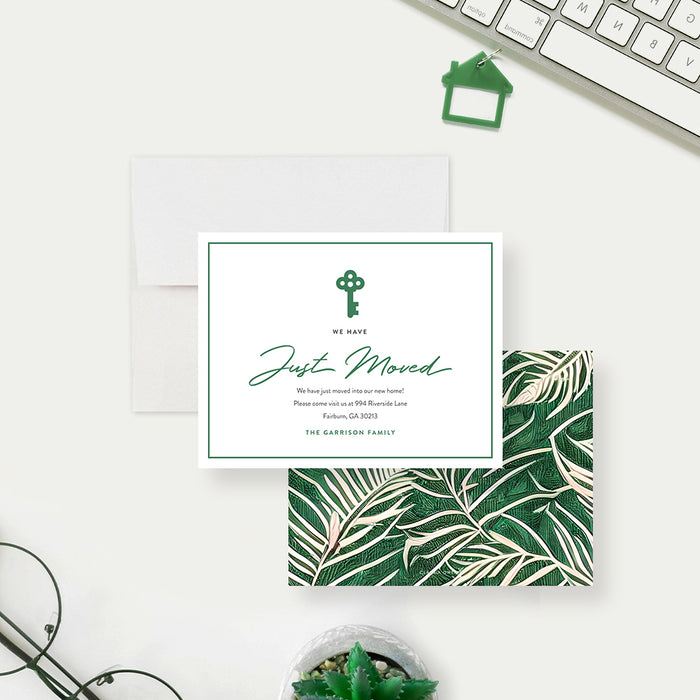 Just Moved Moving Announcement Card with House Key and Leaf Pattern, New Address Cards with Envelopes in Tropical Green, We Bought a House Announcement Cards