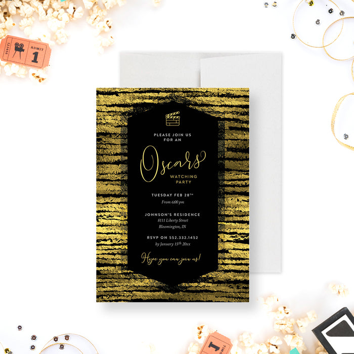 Gold and Black Invitation Card for Oscars Watching Party, Movie Night Invites, Award Ceremony Viewing Party Invitation, Awards Show Themed Dinner Party Invite Card