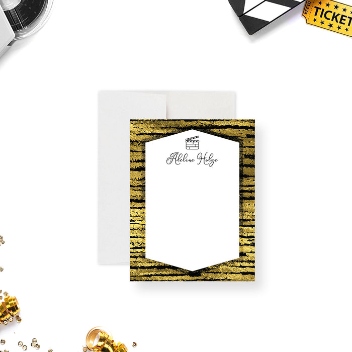 Black and Gold Movie Night Note Card, Oscar Watching Party Thank You Cards, Personalized Gift for Filmmakers with Clapperboard