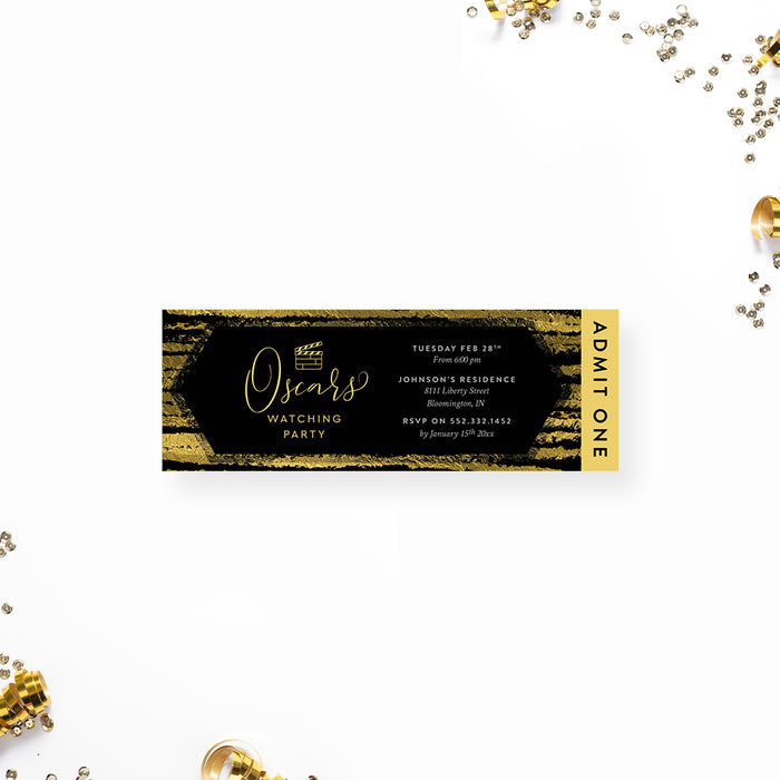 Black and Gold Ticket Invitation for Oscars Watching Party, Ticket Card for Award Ceremony Viewing Celebration, Elegant Ticket Invites for Movie Night Party
