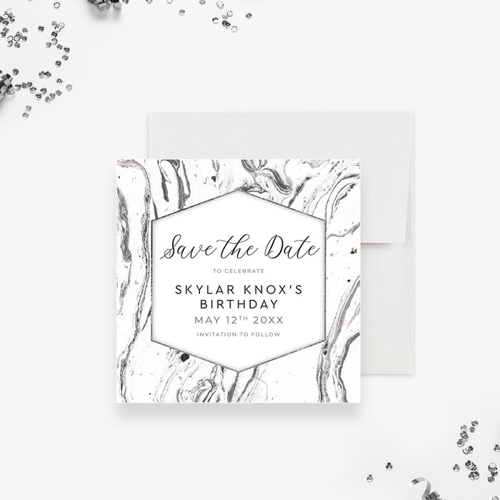 Birthday Brunch Save the Date Card with Marble Design, Minimalist Save the Dates for Adult Birthday Bash