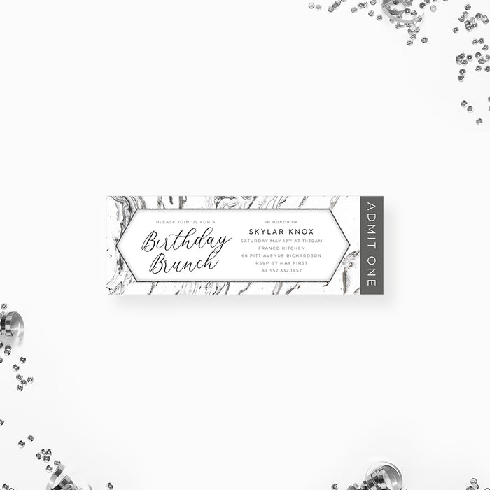 Birthday Brunch Ticket Invitation with Marble Design, Minimalist Ticket for Surprise Birthday Dinner Party, Ticket Invites for Adult Birthday Bash