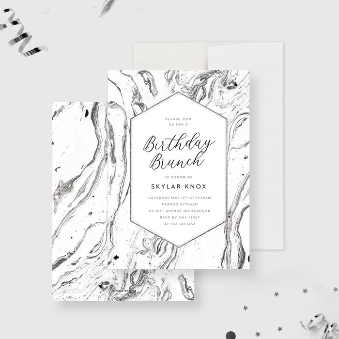 Birthday Brunch Invitation Card with Marble Design, Minimalistic Invites for Birthday Dinner Party, Adult Birthday Bash Invites