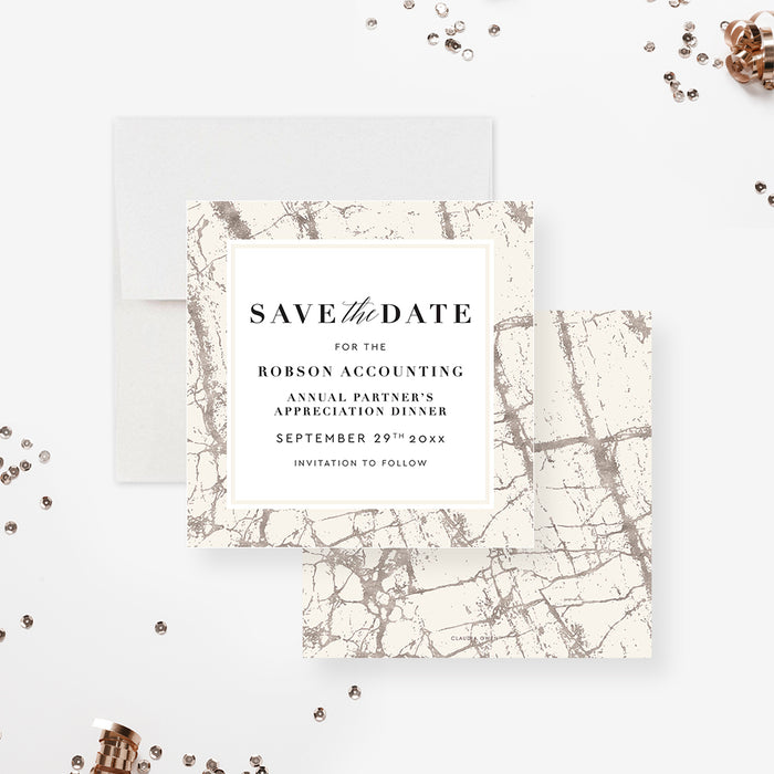 Elegant Silver and Light Beige Save the Date for Annual Client Appreciation Dinner Party, Business Event Save the Date Card with Marble Design
