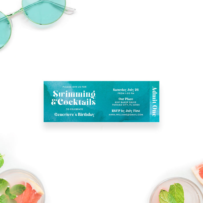 Modern Ticket Invitation for Swimming and Cocktails Birthday Party with Blue Watercolor Design, Ticket Invites for Summer Birthday Bash, Tickets for Pool Party
