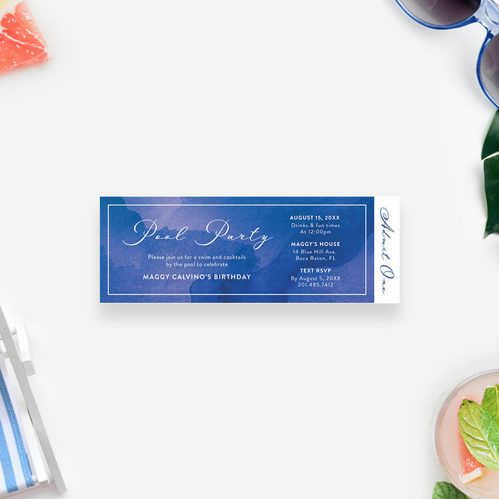 Watercolor Ticket Invitation for Birthday Pool Party, Summer Birthday Tickets, Swimming Party Invites for Adults, Cocktails by the Pool