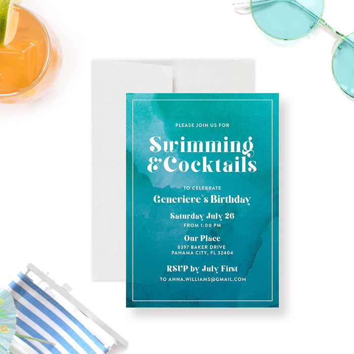 Swimming and Cocktail Birthday Party Invitation Card with Blue Watercolor Design, Birthday Pool Party for Adults, Summer Birthday Invitation