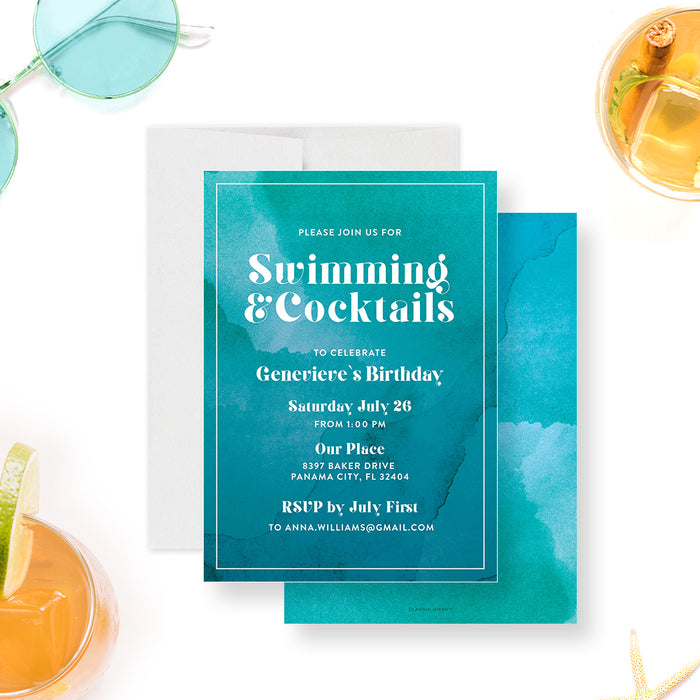 Swimming and Cocktail Birthday Party Invitation Card with Blue Watercolor Design, Birthday Pool Party for Adults, Summer Birthday Invitation
