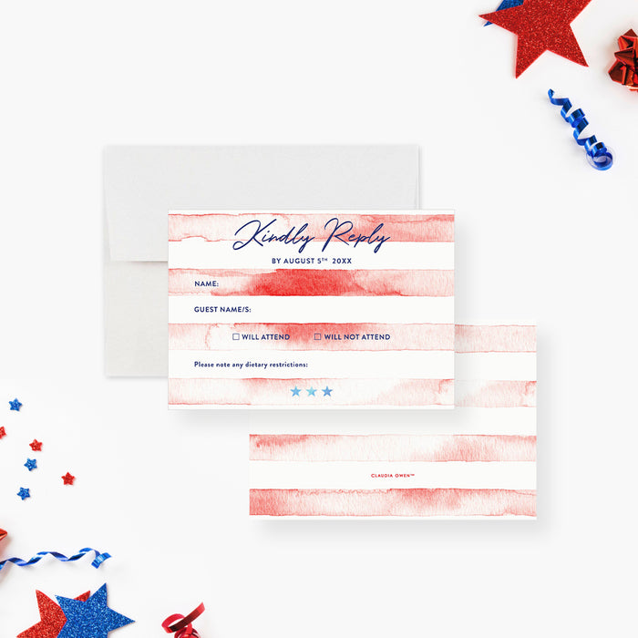 Invitation Card for 4th of July Party with Red Stripes, Fourth of July BBQ Party Invites, Patriotic Independence Day Invitations