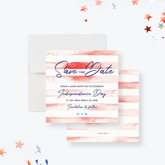 Watercolor Save the Date Card for Independence Day with Red Stripes, Save the Dates for 4th of July Celebration, Patriotic Backyard Party Save the Dates