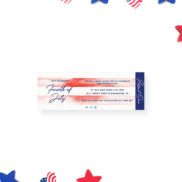 Watercolor Ticket Invitation for 4th of July Party with Red Stripes, Ticket Invites for Independence Day, Ticket for Fourth of July BBQ Celebration