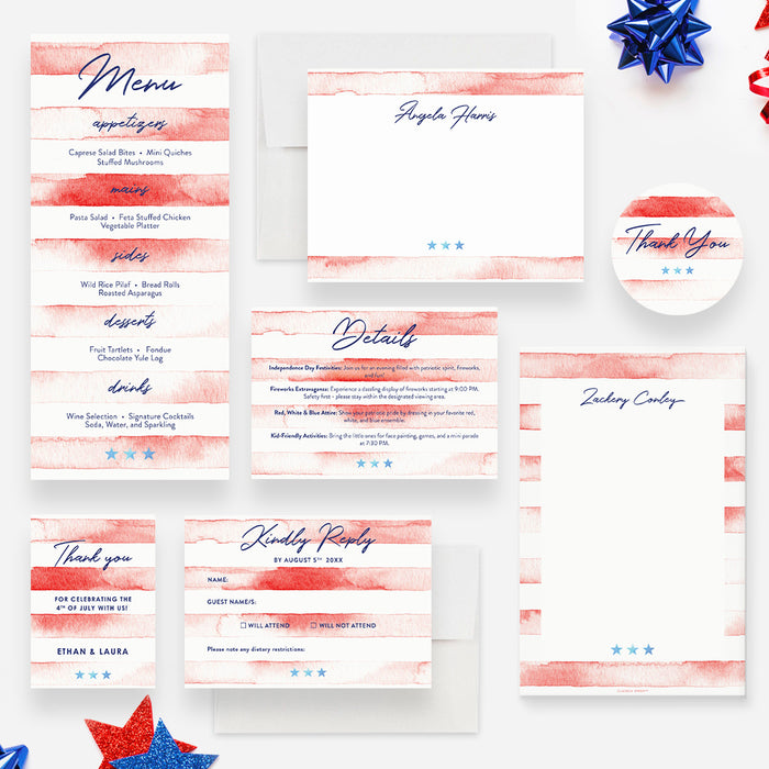 Invitation Card for 4th of July Party with Red Stripes, Fourth of July BBQ Party Invites, Patriotic Independence Day Invitations