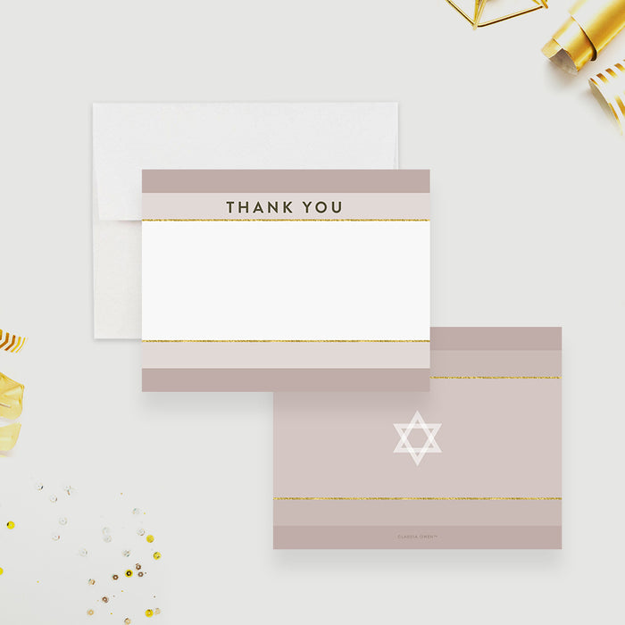 Bat Mitzvah Greeting Cards in Beige and Gold, Mitzvah Note Cards, Mazel Tov Thank You Cards, Personalized Jewish Note Cards with Star of David