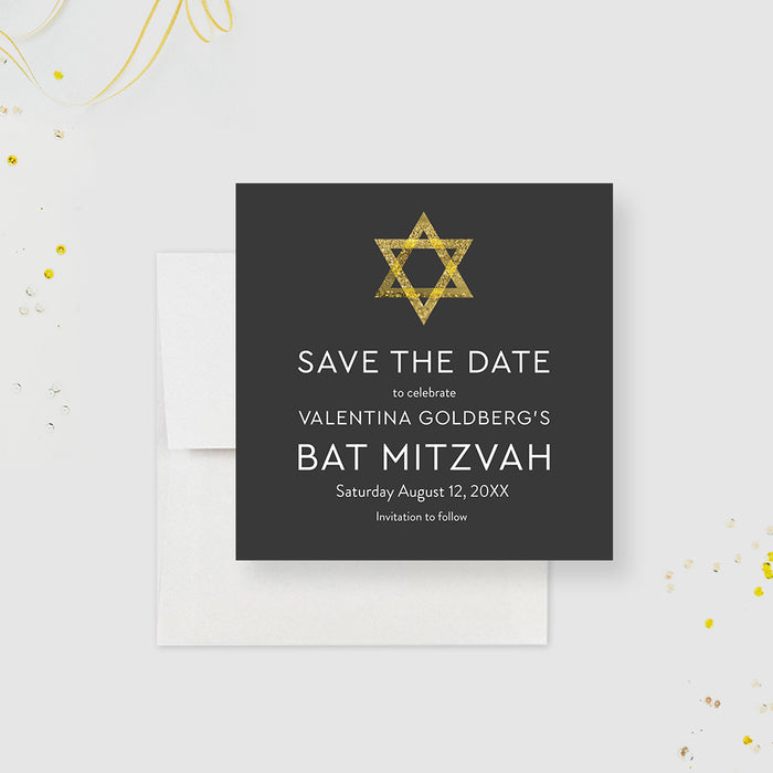 Save the Date for Bat Mitzvah Celebration in Black and Gold, Jewish Party Save the Date Card, Religious Jewish Save the Dates