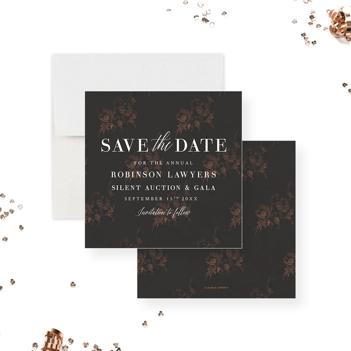 Elegant Invitation Card for Silent Auction Party with Dark Floral Illustrations, Annual Gala Business Party Invitation, Fundraiser Invites
