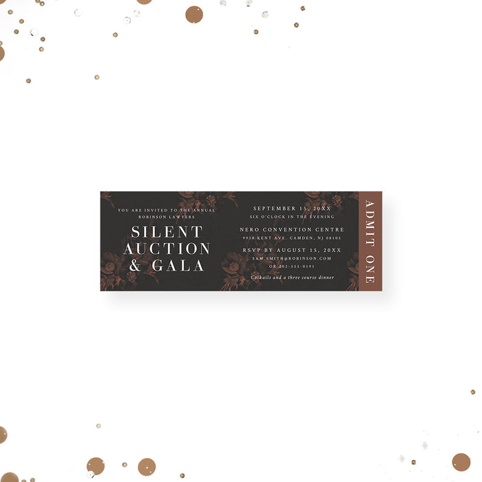 Elegant Ticket Invitation for Silent Auction Party with Dark Floral Illustrations, Ticket Invites for Fundraising Celebration, Business Charity Gala Party Ticket