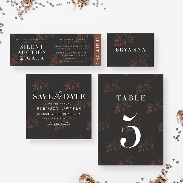 Elegant Invitation Card for Silent Auction Party with Dark Floral Illustrations, Annual Gala Business Party Invitation, Fundraiser Invites