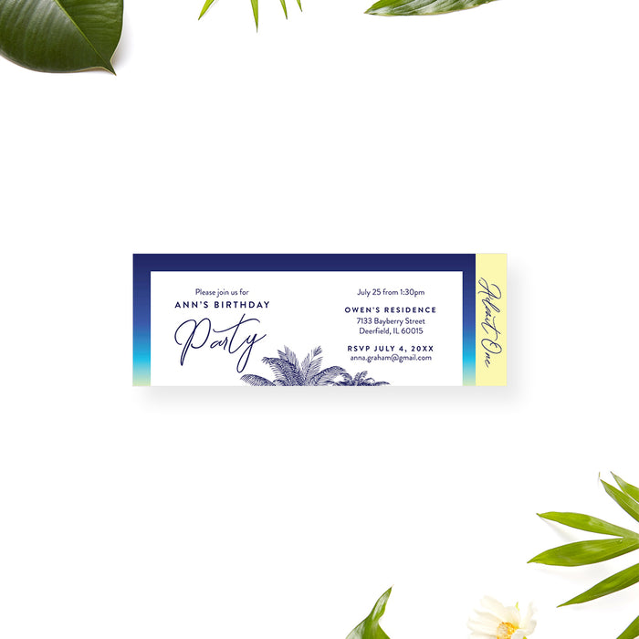 Tropical Birthday Party Ticket Invitation, Beach Island Party Ticket Invites with Palm Trees, Summer Birthday Ticket Invites