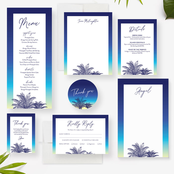 Tropical Birthday Party Invitation Card, Beach Birthday Party Invites with Palm Trees, Summer Luau Invites