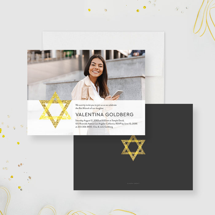 Golden Star of David Invitation Card for Bat Mitzvah Celebration, Jewish Invitation Card with Photo, Printed Bar Mitzvah Invitations with Picture