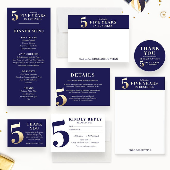 Blue and Gold Elegant Invitation Card for 5th Business Anniversary Party, 5 Years in Business Celebration, 5th Wedding Anniversary Party Invites