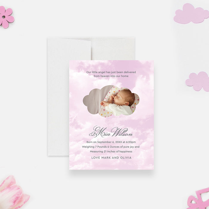 Pink Cloud Baby Announcement Card, Cute Birth Announcement Cards for Baby Girl, Newborn Announcement with Photo, Newborn Arrival Announcement