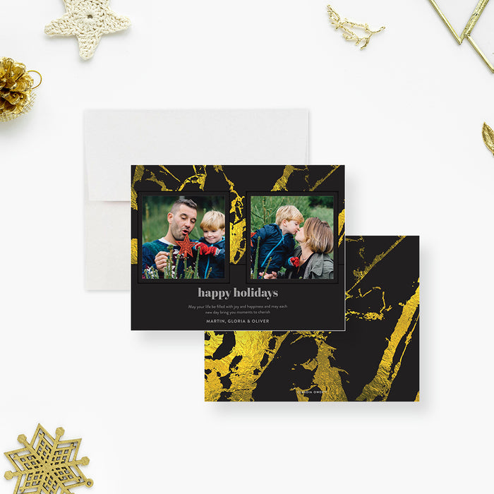 Holiday Photo Card with Black and Gold Marble Design, Elegant Holiday Cards for Family, Happy Holidays Greeting Card with Two Pictures