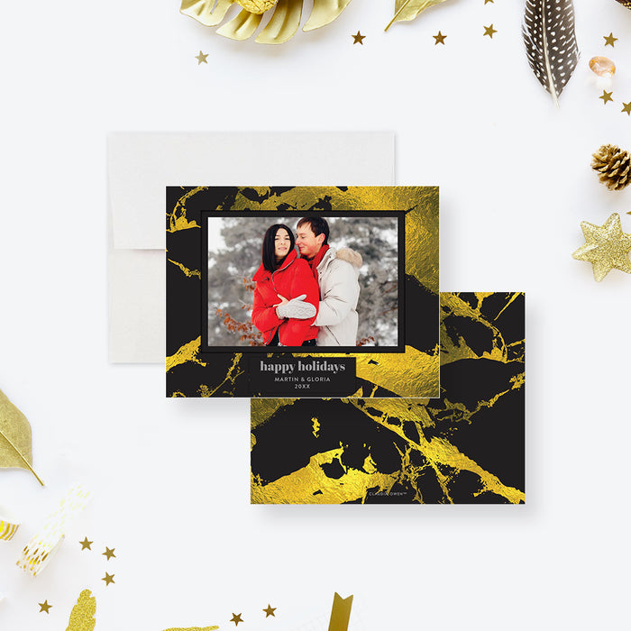 Elegant Holiday Card with Black and Gold Marble Design, Minimalist Photo Note Card with Couple’s Picture, Holiday Greting Card