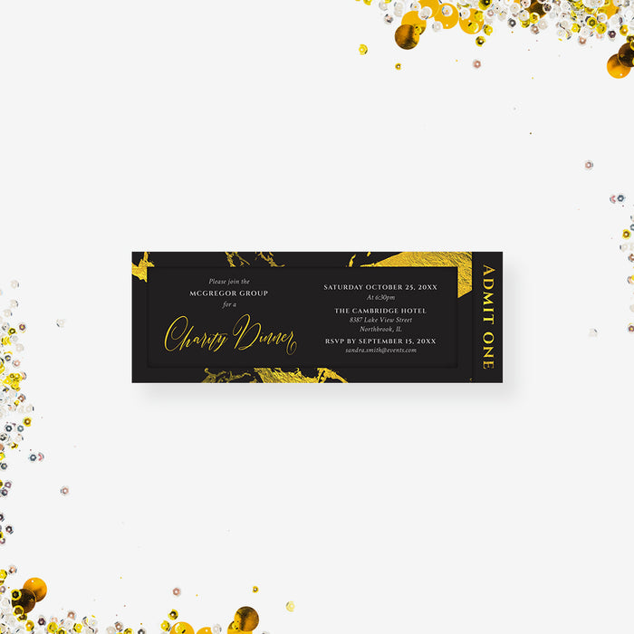 Elegant Black and Gold Ticket Invitation for Charity Dinner Party, Ticket Invites for Business Gala Dinner Event, Ticket for Silent Auction Event