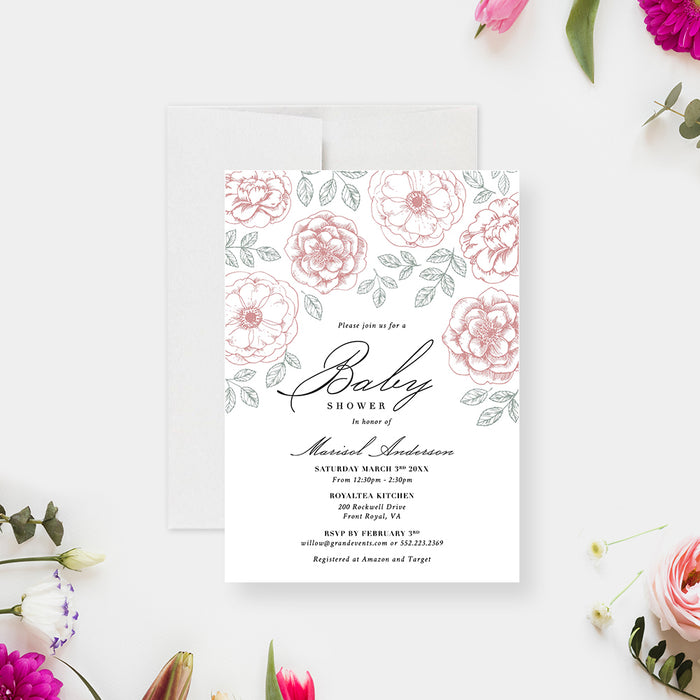 Floral Baby Shower Invitation Card, It's A Girl Baby Shower Invites, Baby In Bloom Invitation with Flower Illustrations