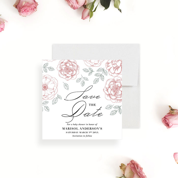 Floral Save the Date Card for Baby Shower, Baby In Bloom Save the Dates, It's a Girl Save the Date with Flowers