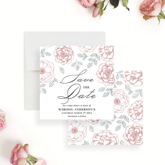 Floral Save the Date Card for Baby Shower, Baby In Bloom Save the Dates, It's a Girl Save the Date with Flowers