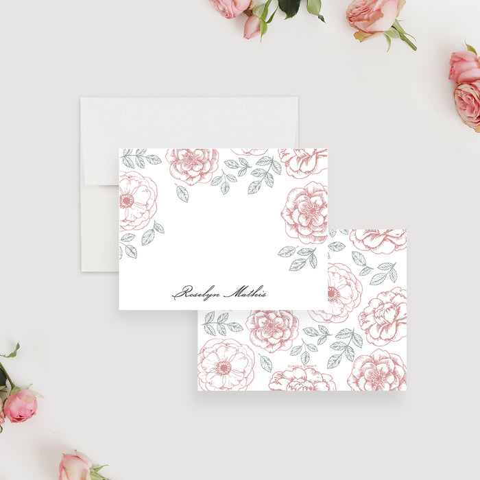 Floral Note Card for Girls, Feminine Stationery Cards, Personalized Gift for Women, Baby Shower Thank You Card, Flowery Greeting Cards