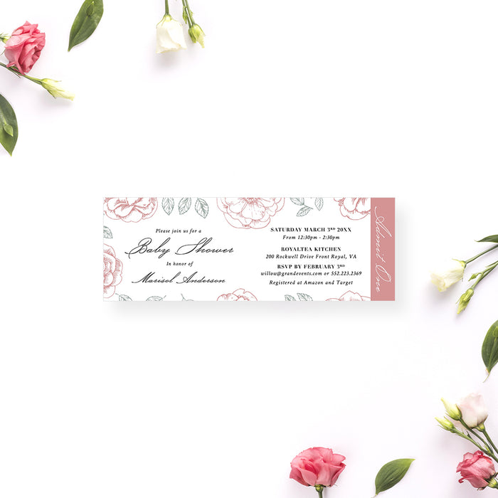 Floral Ticket Invitation for Baby Shower, Baby In Bloom Invites with Flower Illustrations, It's A Baby Girl