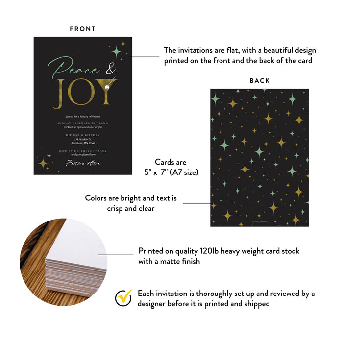 Peace and Joy Party Invitation Card with Martini Glass, Black and Gold Invitation for Christmas Party, Christmas Cocktail Party Invitation