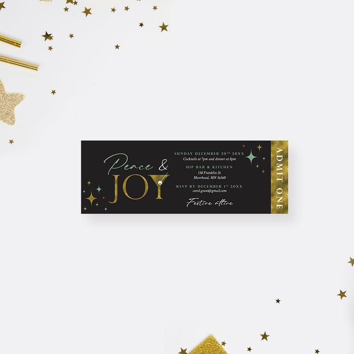 Peace and Joy Ticket Party Invitation with Martini Glass, Black and Gold Ticket Invites for Christmas Cocktail Celebration, Christmas Party Ticket, Holiday Ticket Card