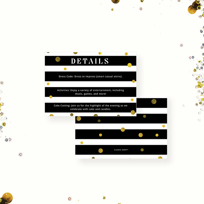 Black and White Invitation Card for Adult Birthday Celebration,  21st 25th 30th 40th Elegant Birthday Party Invites with Golden Confetti and Stripes