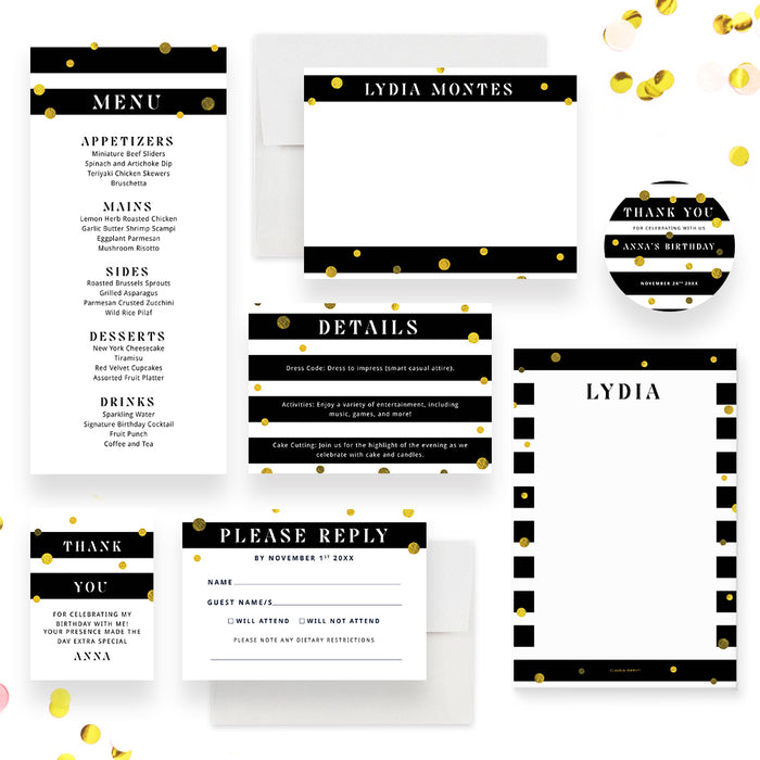 Black and White Invitation Card for Adult Birthday Celebration,  21st 25th 30th 40th Elegant Birthday Party Invites with Golden Confetti and Stripes