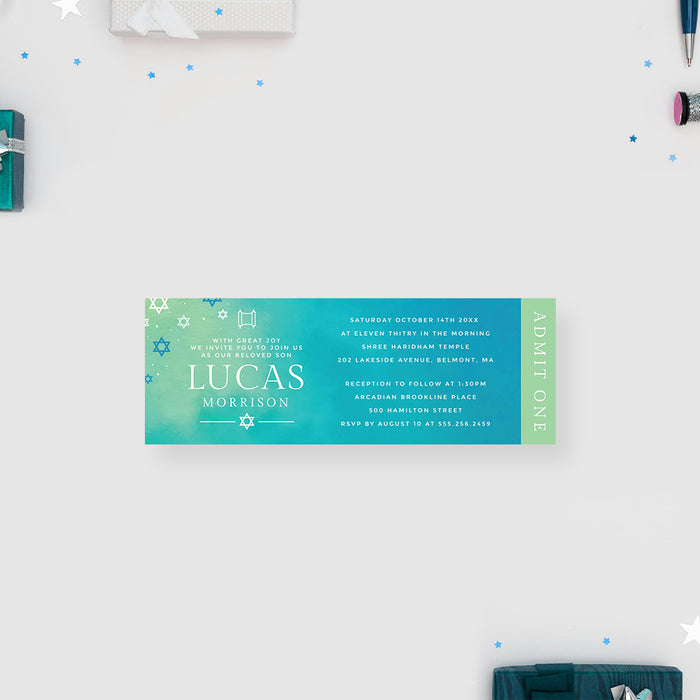 Bar Mitzvah Ticket Invitation in Blue and Green, Jewish Milestone Ticket with Torah Scroll, Boys Jewish Party Ticket Invites, Personalized Jewish Party Ticket Pass